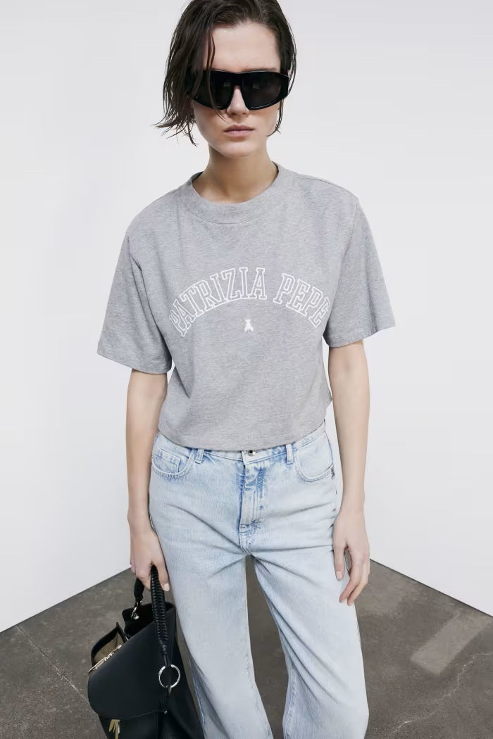 S6-8M1798 T-shirt Cropped con Logo Grigio Melange