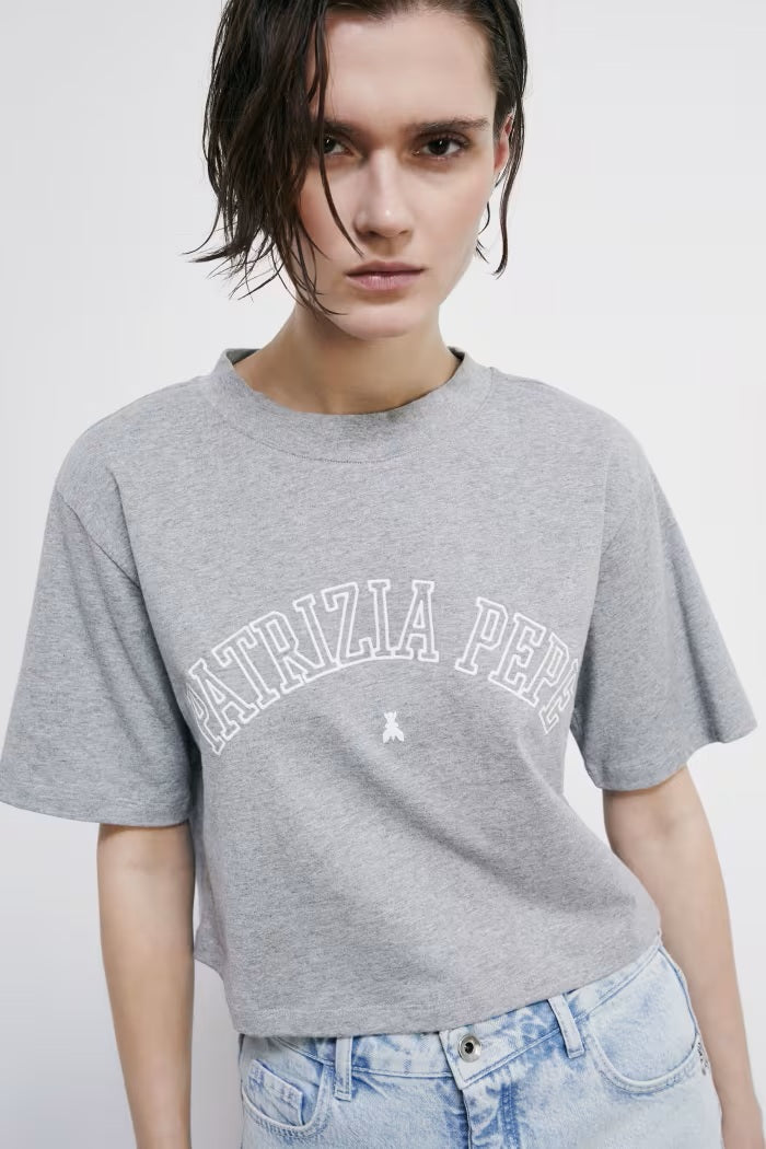 S6-8M1798 T-shirt Cropped con Logo Grigio Melange