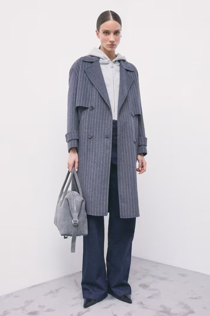 W6-8O0104 Cappotto Misto Lana Gessato Grey/White