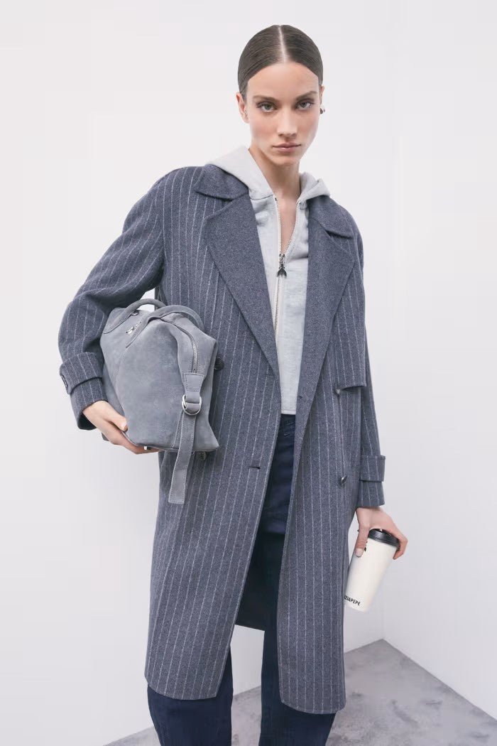 W6-8O0104 Cappotto Misto Lana Gessato Grey/White