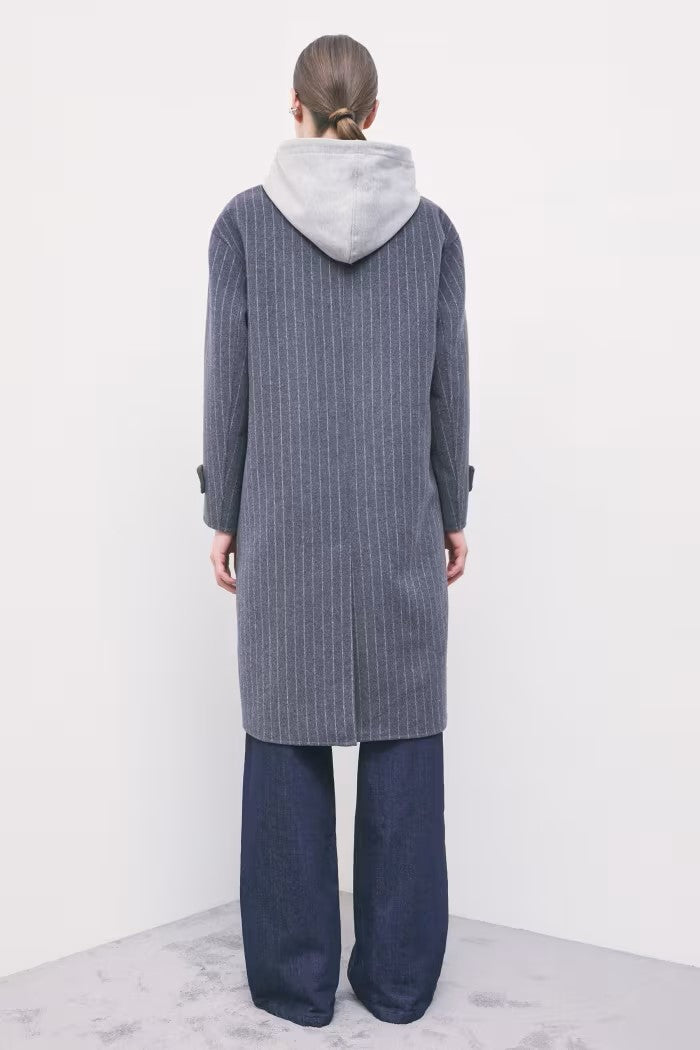 W6-8O0104 Cappotto Misto Lana Gessato Grey/White