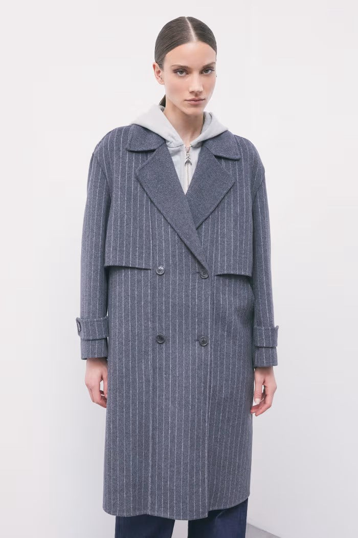W6-8O0104 Cappotto Misto Lana Gessato Grey/White