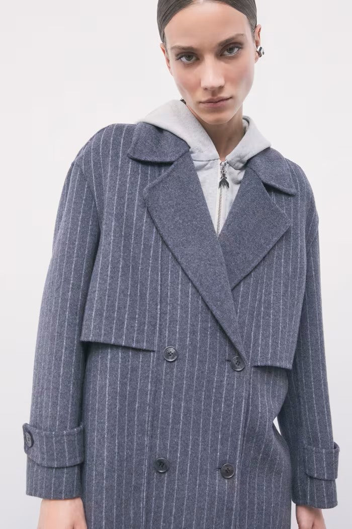 W6-8O0104 Cappotto Misto Lana Gessato Grey/White