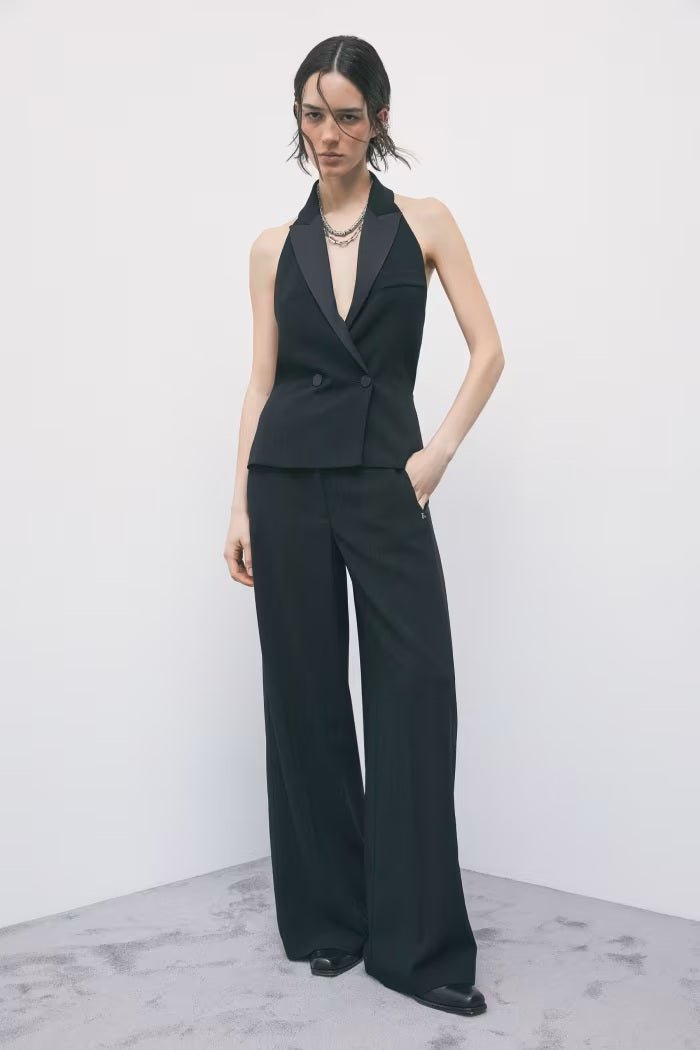 W6-8P0244 Pantaloni Palazzo Color Block Nero