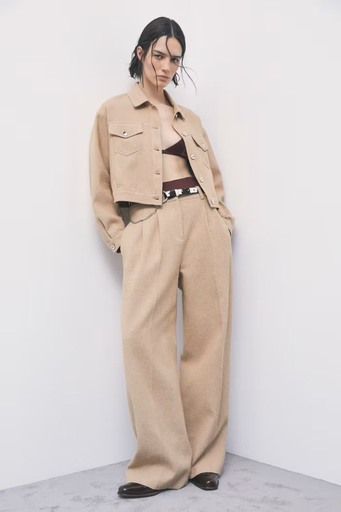 W6-8P0329 Pantaloni Fluidi con Pinces Beige Dou Dou