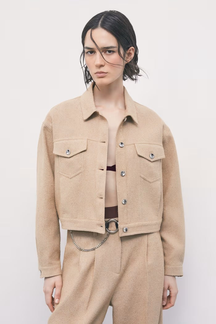W6-8S0092 Giubbotto Corto in Microbouclè Beige Dou Dou