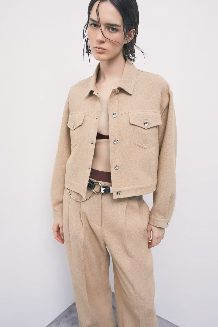 W6-8S0092 Giubbotto Corto in Microbouclè Beige Dou Dou
