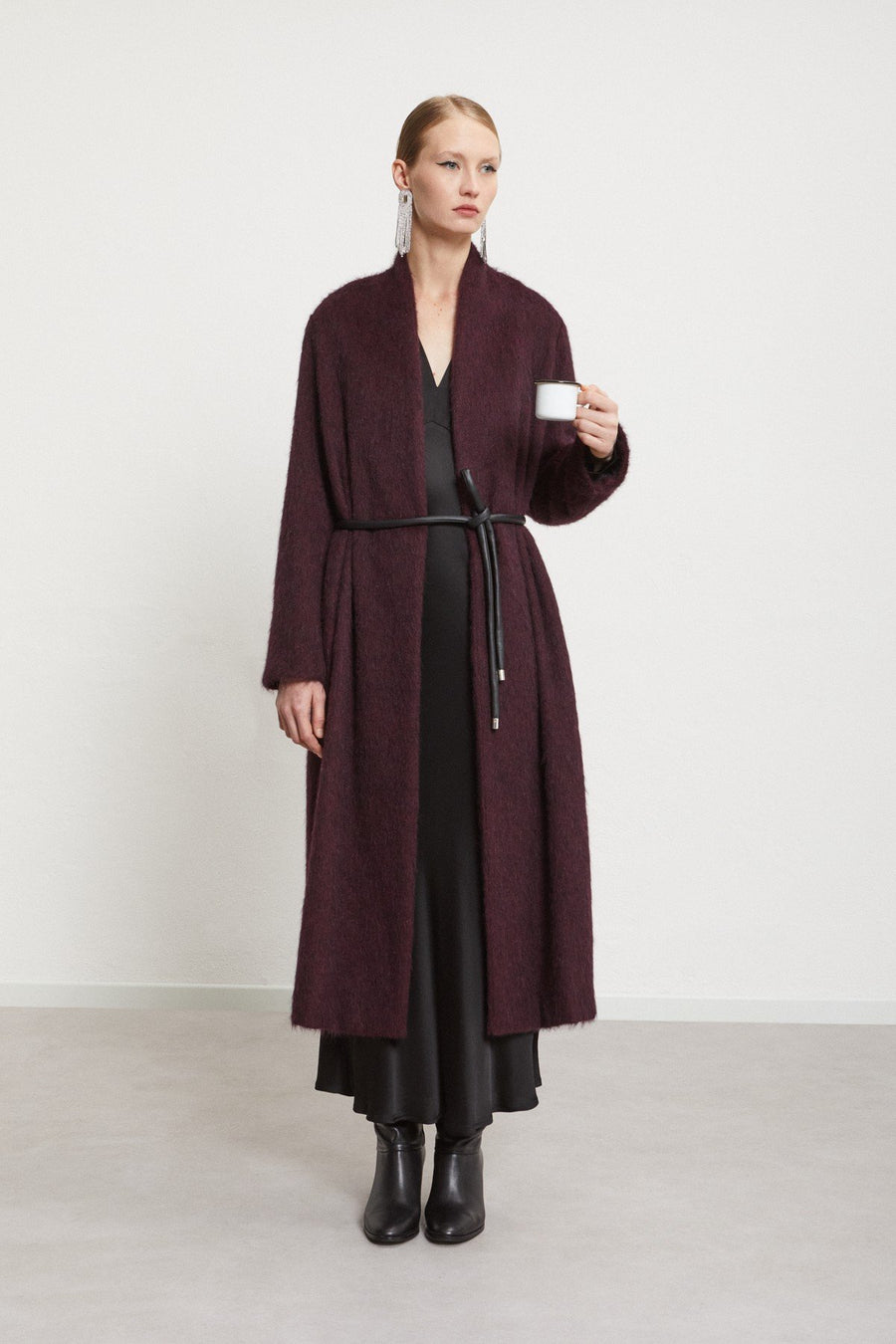 W4-DJ0041 Cappotto Lungo Lana Cintura Sangria