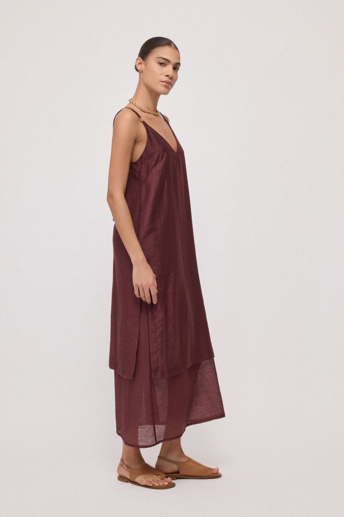 S6-DA5376 Abito Lungo in Misto Lino Merlot