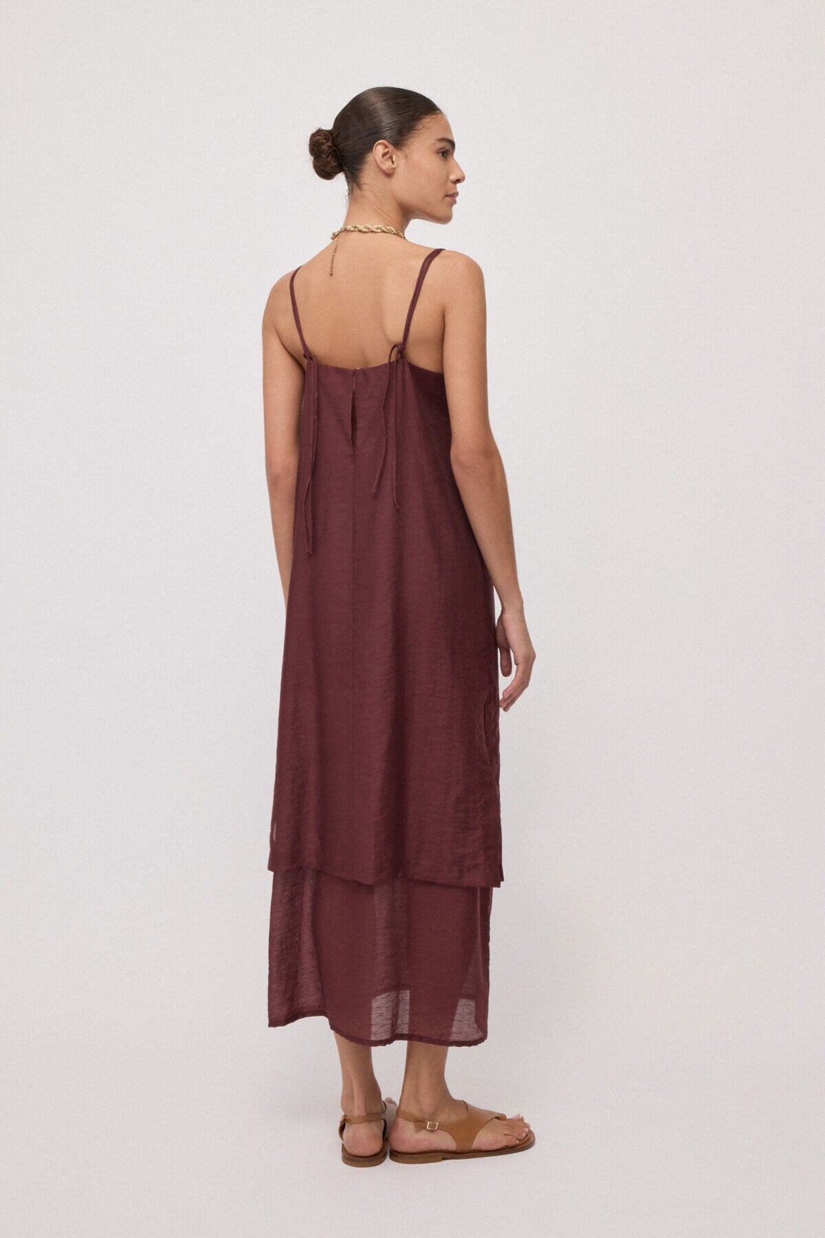 S6-DA5376 Abito Lungo in Misto Lino Merlot