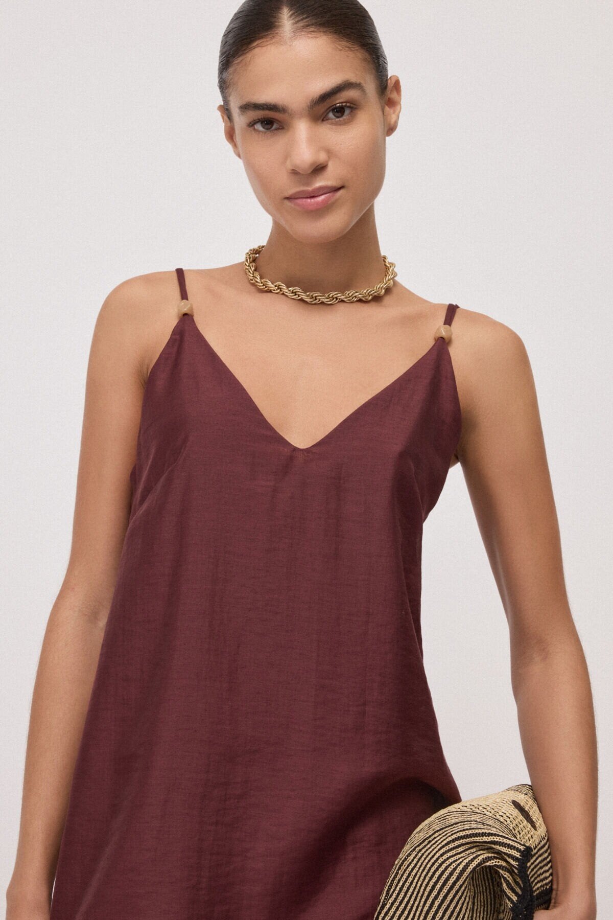 S6-DA5376 Abito Lungo in Misto Lino Merlot