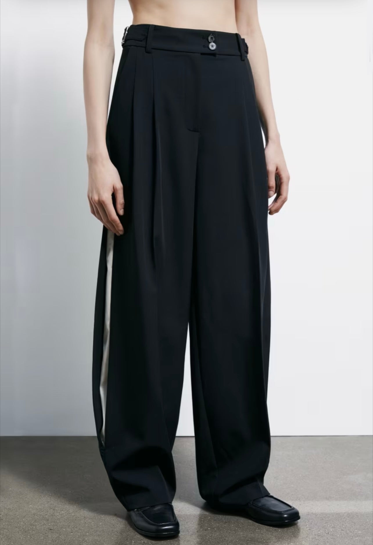 S6-8P0793 Pantalone Palazzo Inserti Raso Nero/Ivory