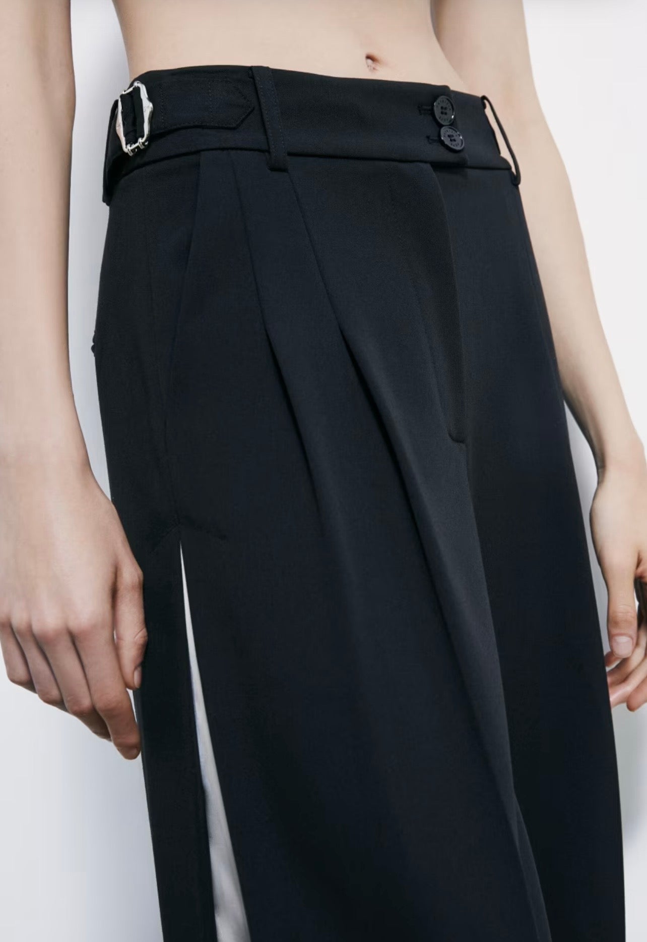 S6-8P0793 Pantalone Palazzo Inserti Raso Nero/Ivory