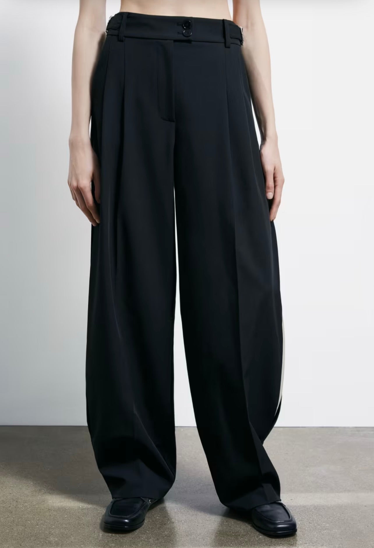 S6-8P0793 Pantalone Palazzo Inserti Raso Nero/Ivory