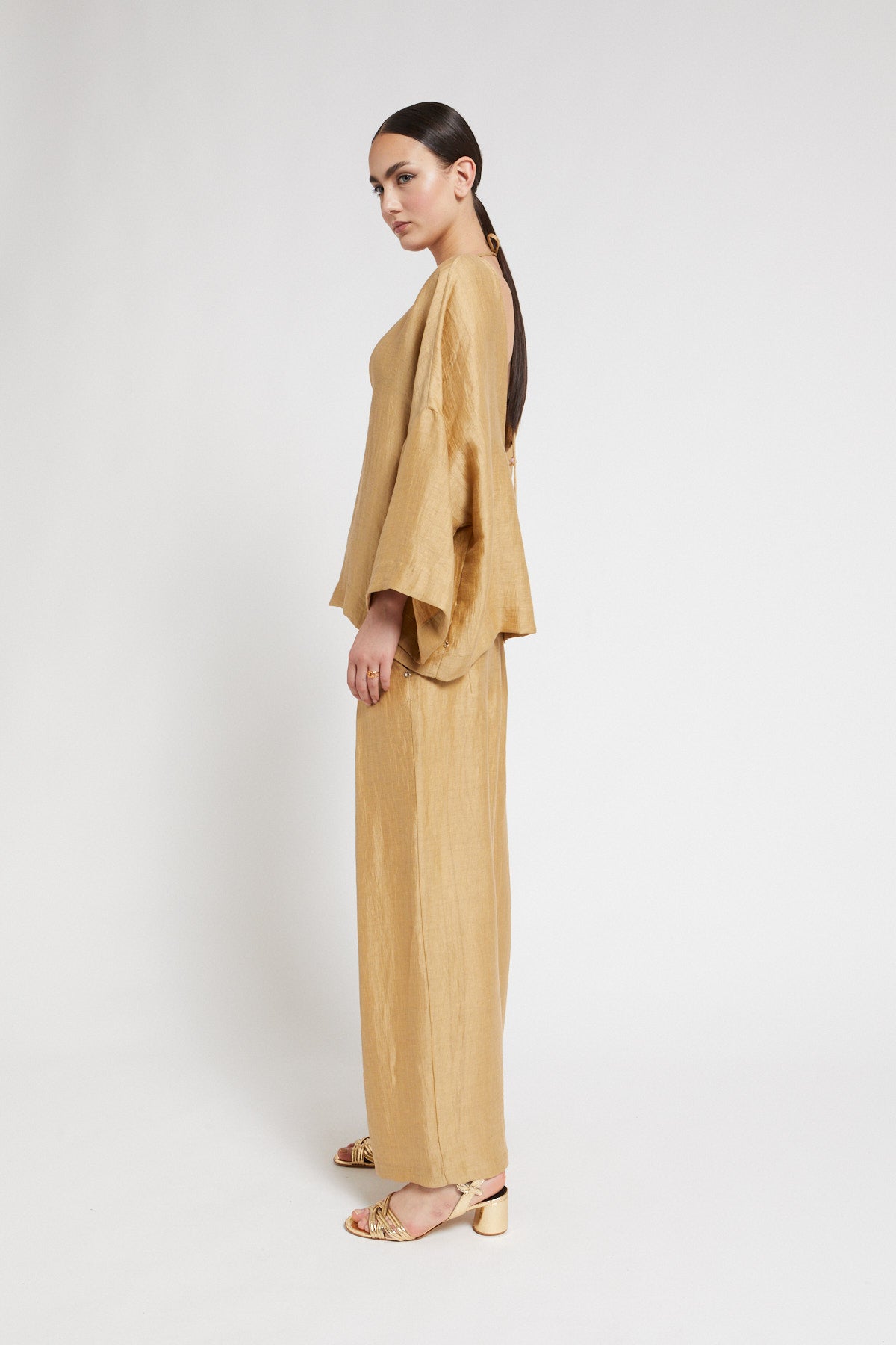 S5-DP9819 Pantalone Palazzo in Lino Satinato Sabbia