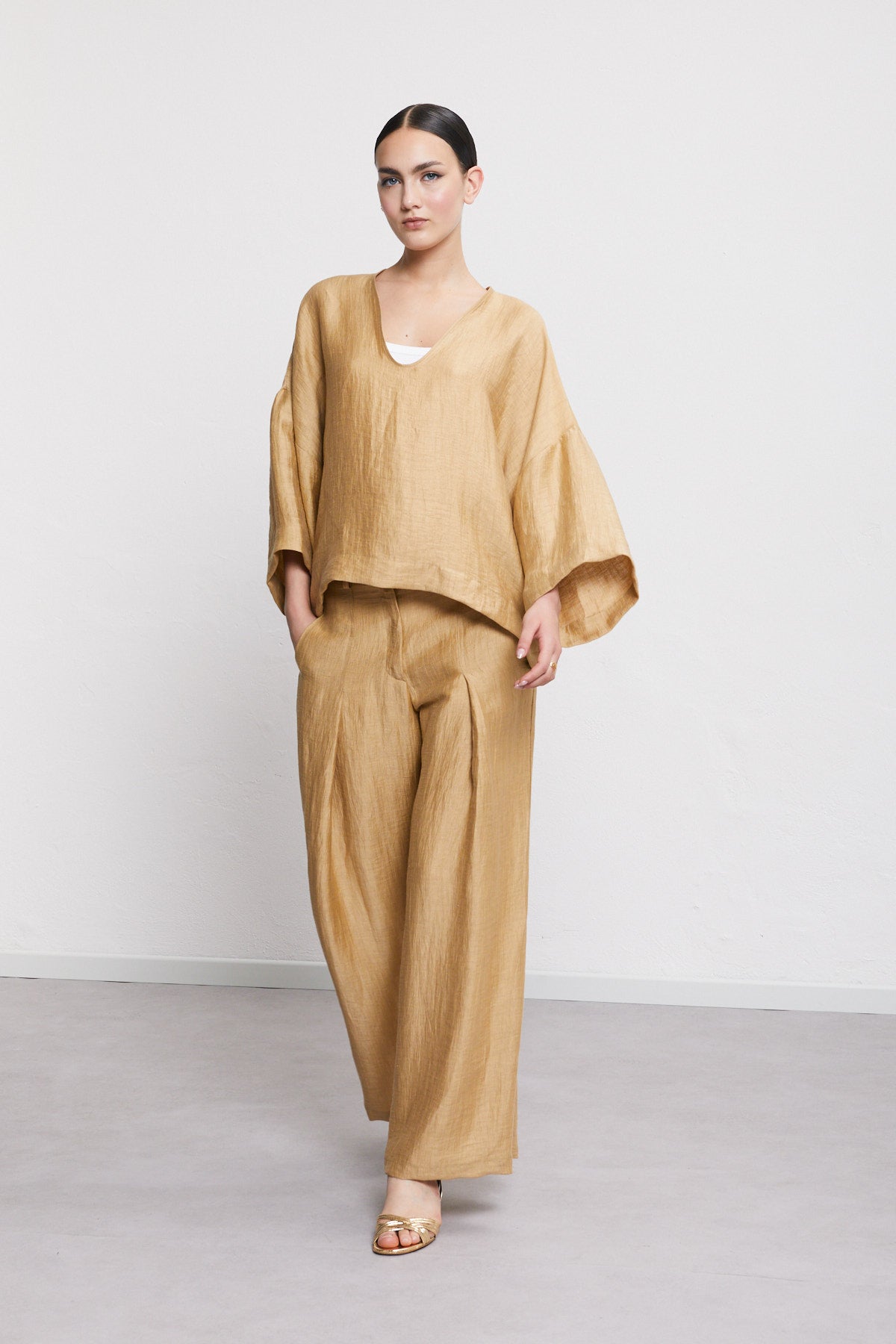 S5-DP9819 Pantalone Palazzo in Lino Satinato Sabbia