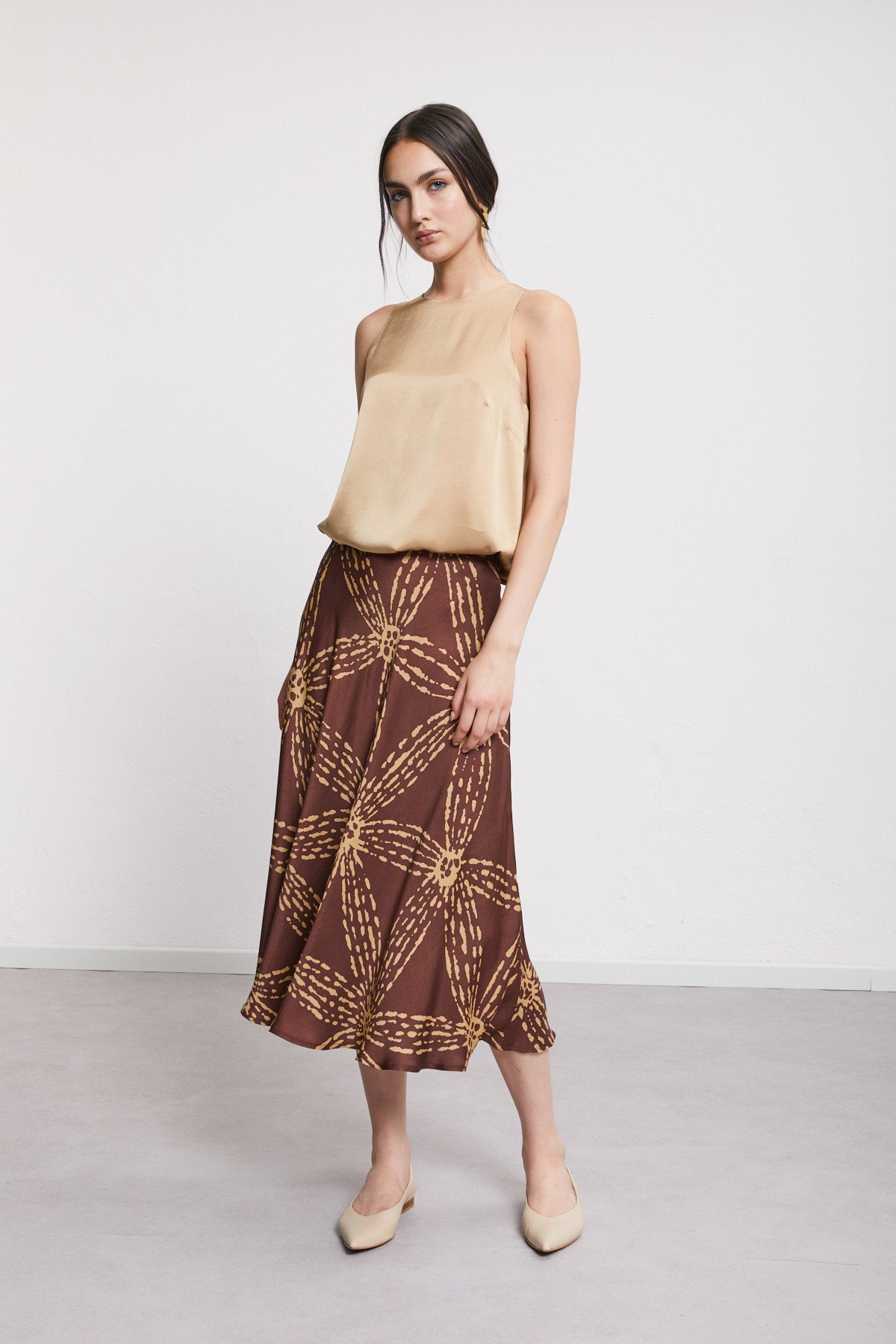 S5-DN6221 Gonna Midi in Raso di Viscosa Cioccolato