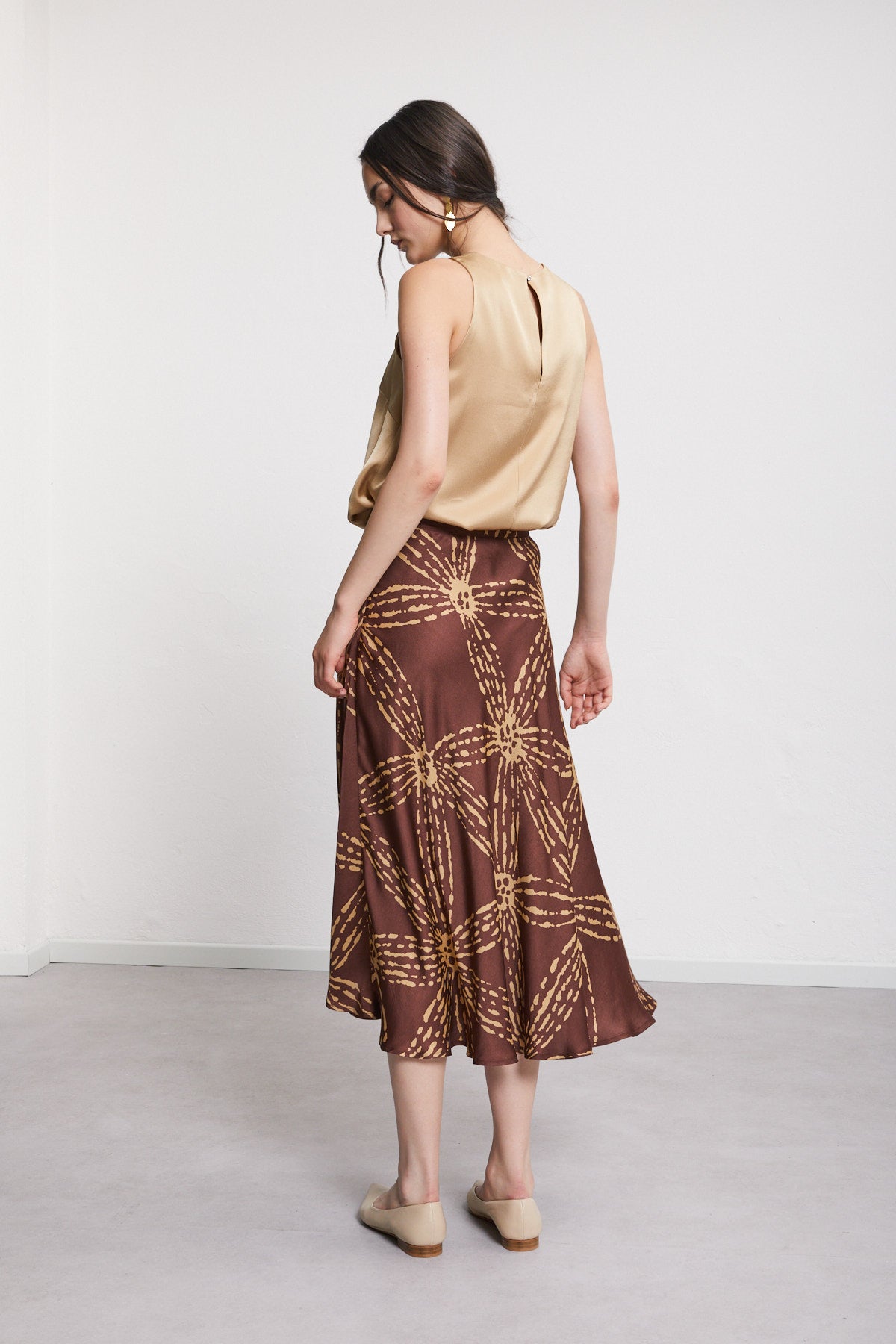 S5-DN6221 Gonna Midi in Raso di Viscosa Cioccolato