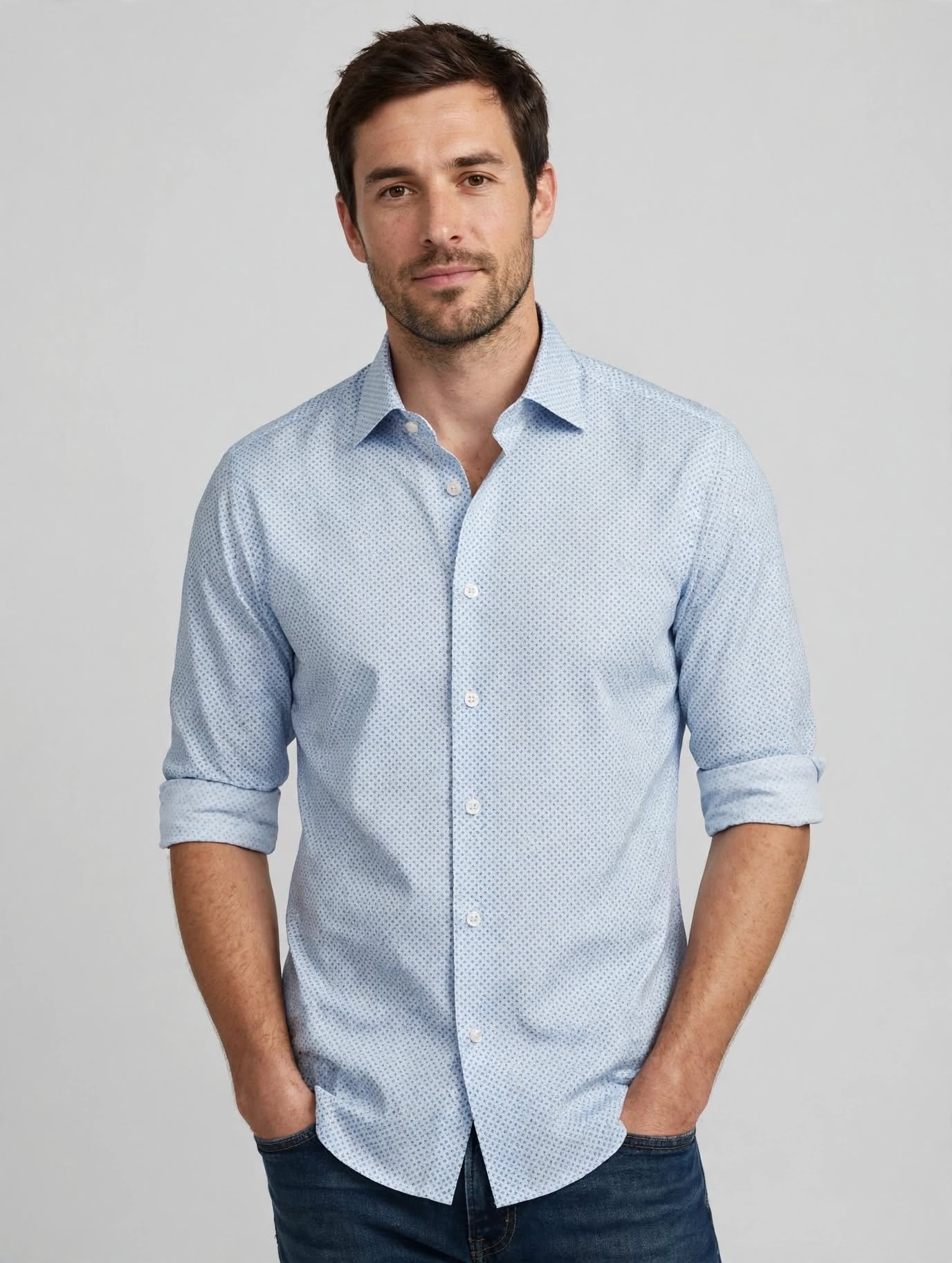 W6-UTHCUR Camicia Regular Microfantasia Azzurro Man