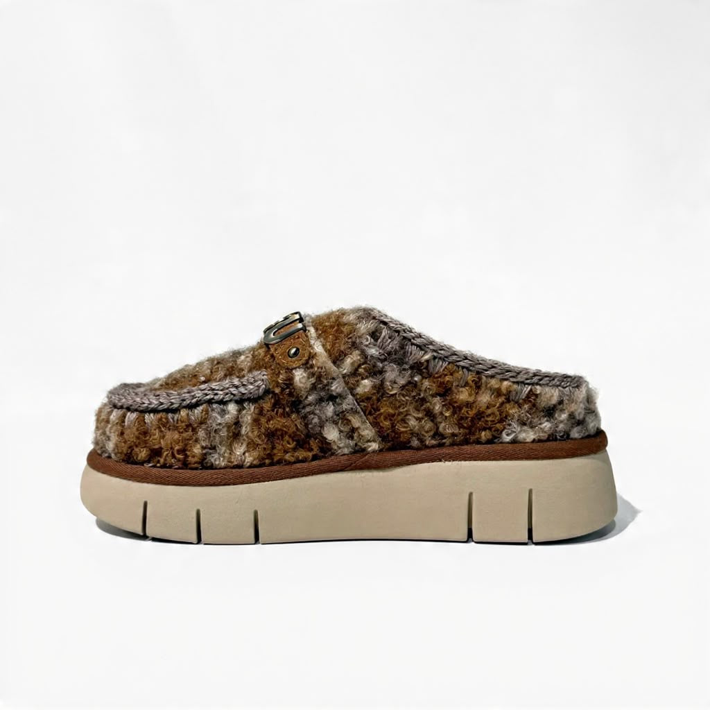 W6-Bounce Clog Plaid Teddy Fur Mercia Marron