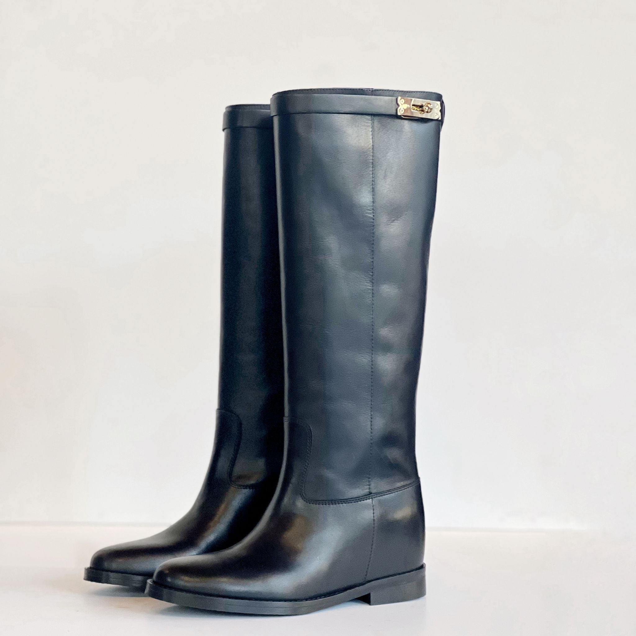 W5-T38H Stivale Zeppa Interna Accessorio HERM Vitello Nero