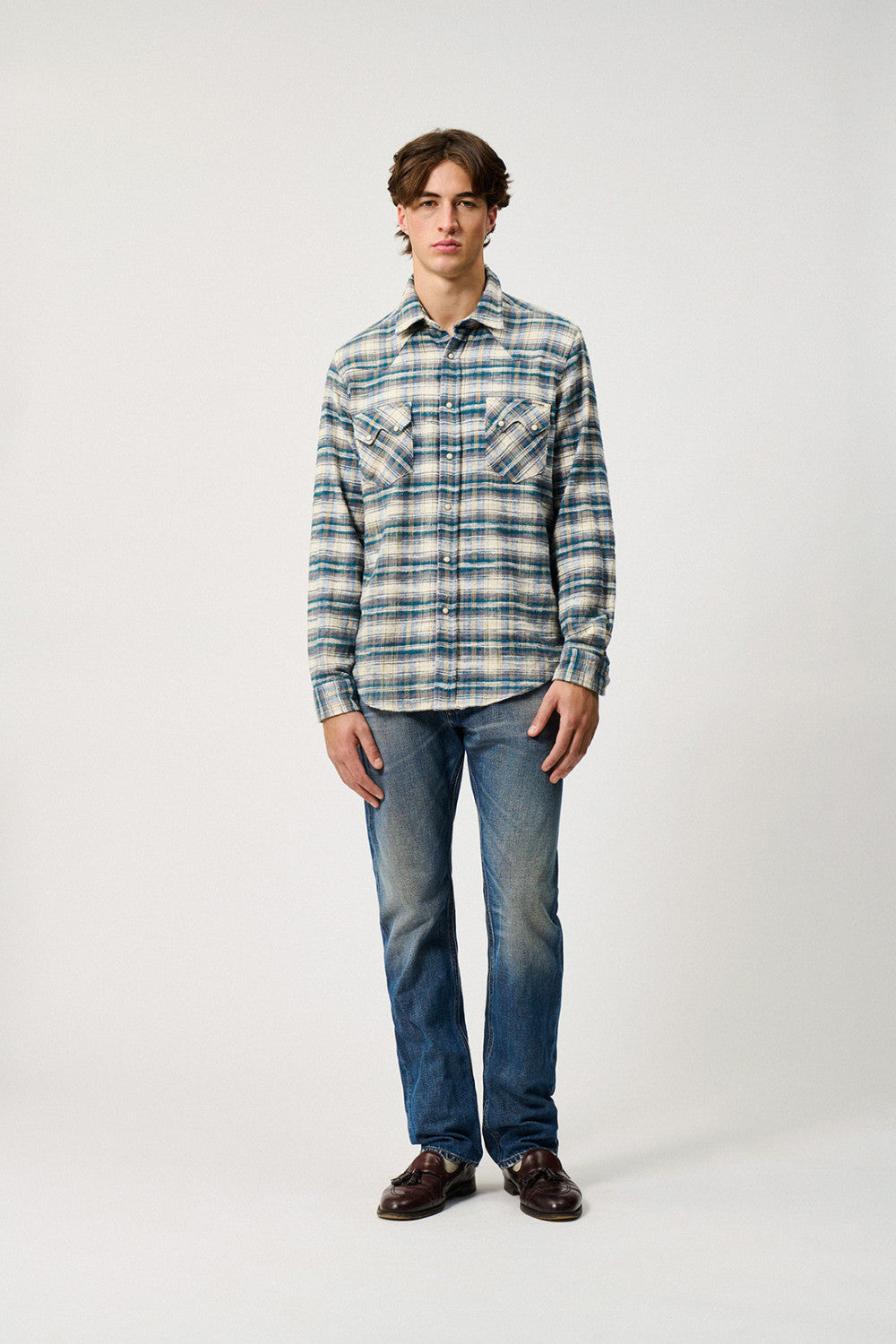 UW6-WESTERN Camicia Check Washed Ecru/Grey Man