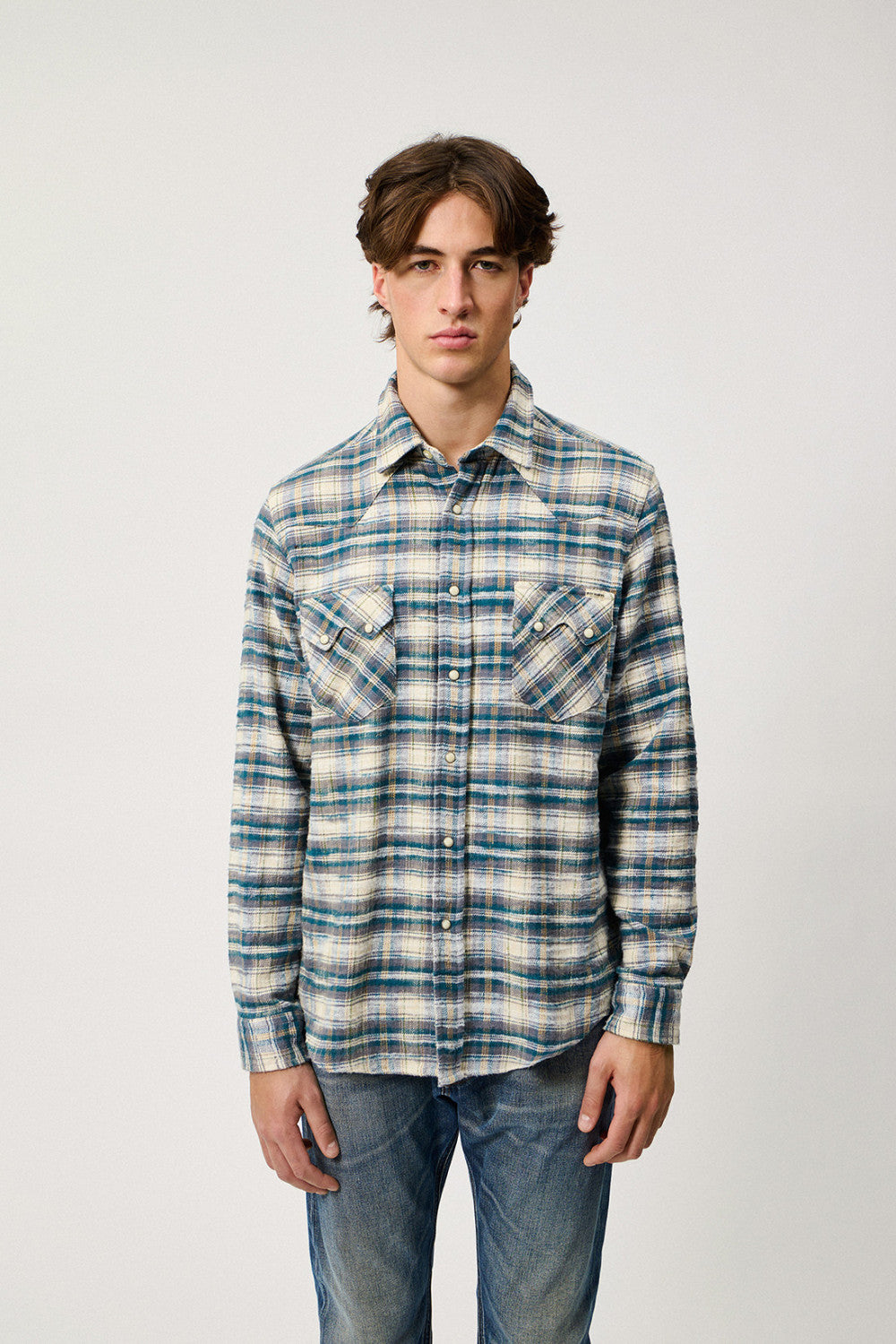 UW6-WESTERN Camicia Check Washed Ecru/Grey Man