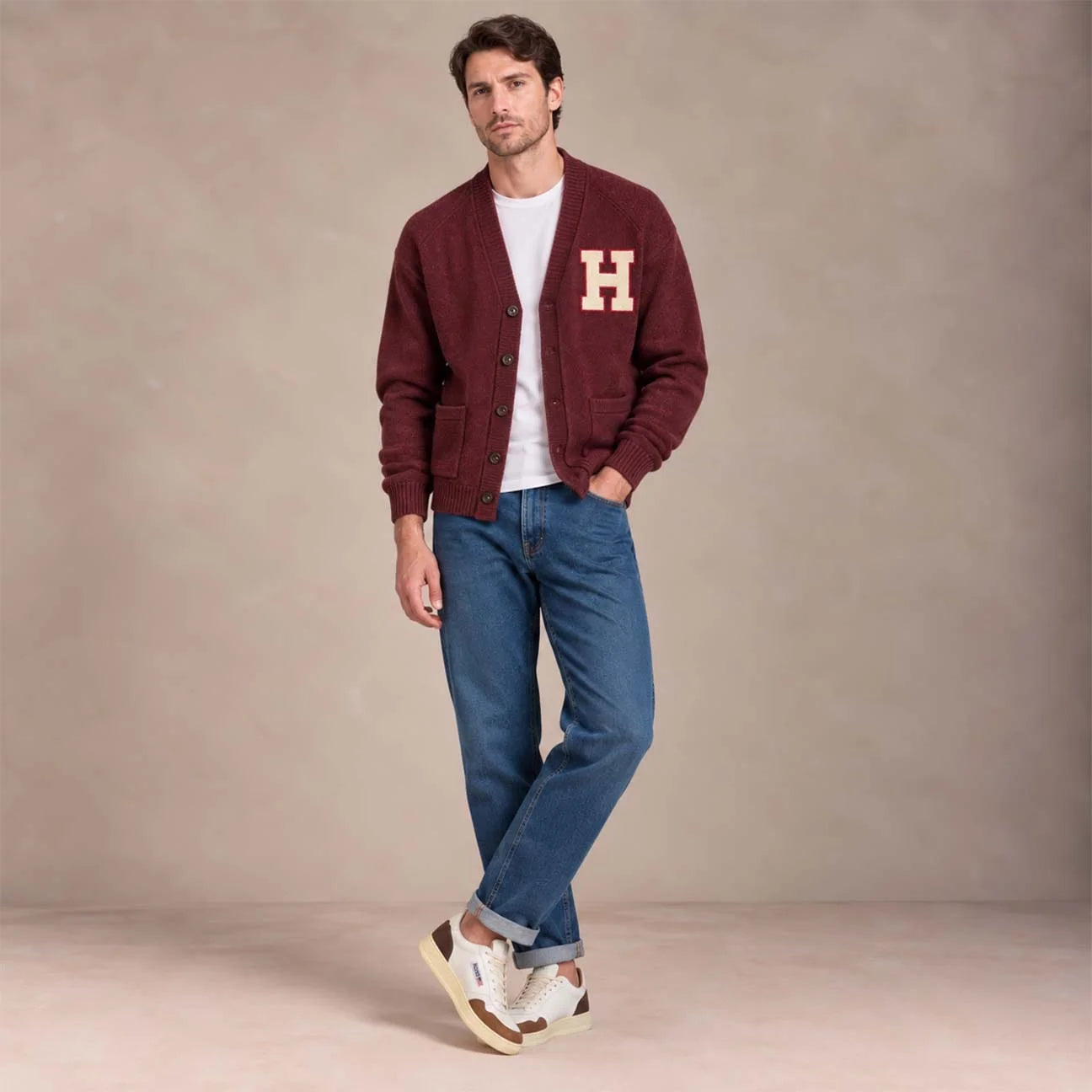 W6-IVY VARSITY WOOL HARVARD Cardigan Burgundy Man