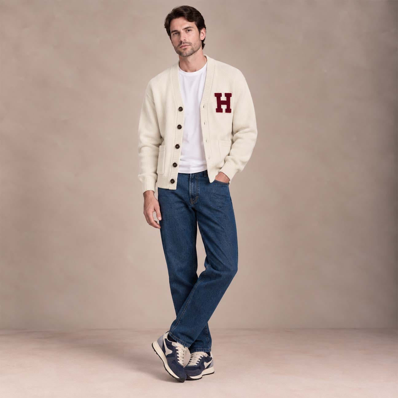 W6-IVY VARSITY WOOL HARVARD Cardigan Cream Man