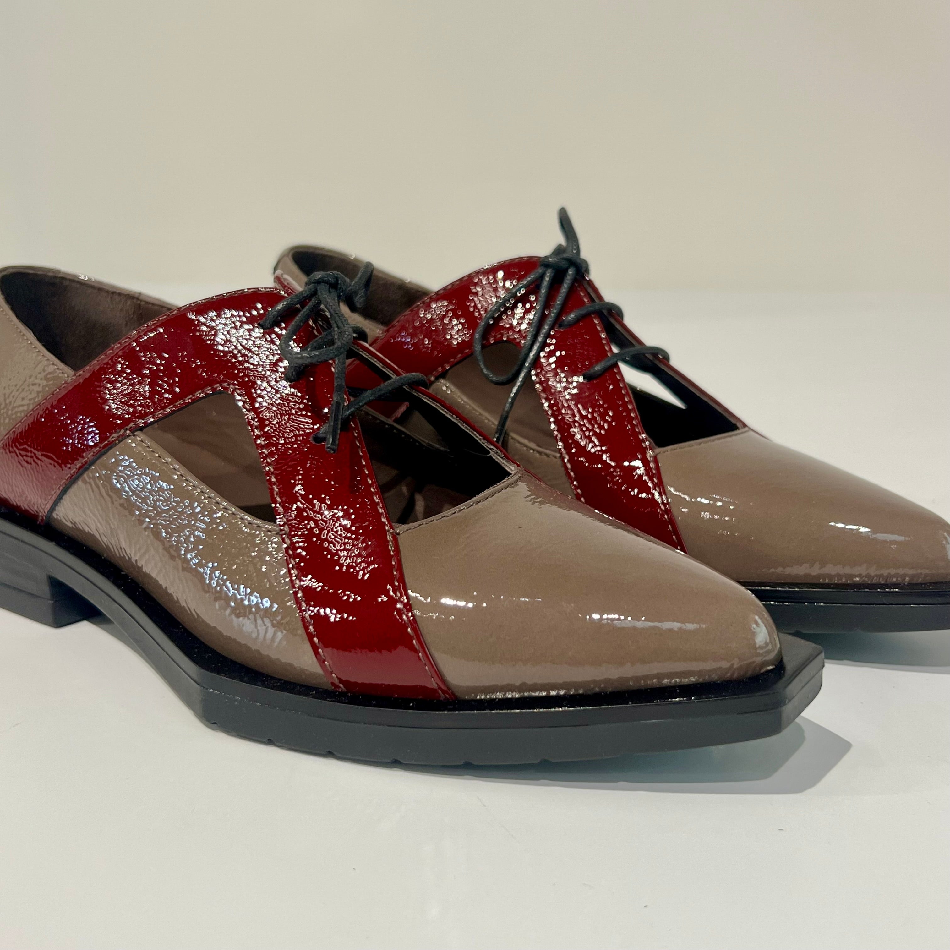 W6-G19-B Scarpa Lacci Vernice Taupe/Bordeaux
