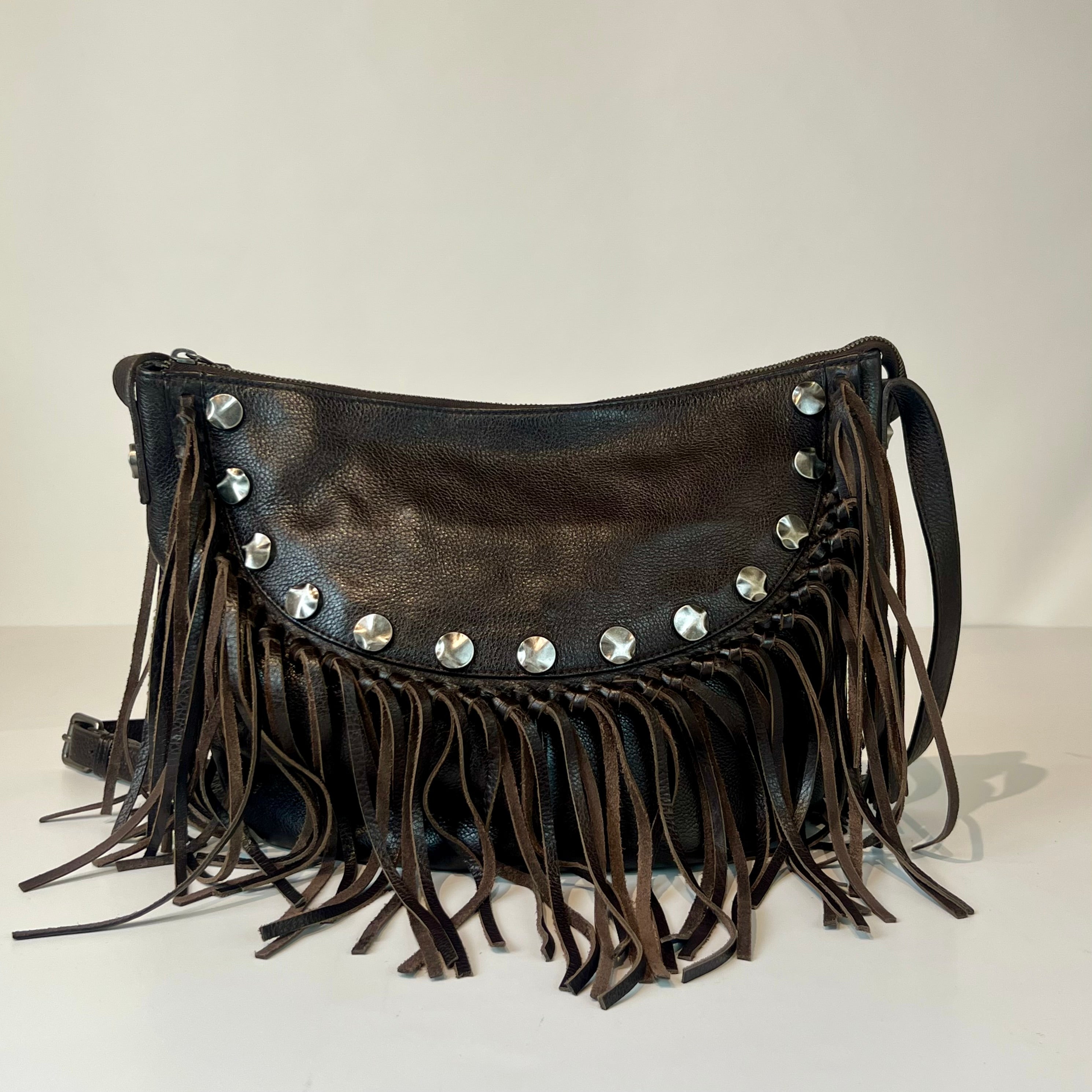 W5-9403 Borsa Tracolla Pelle Borchie Frange Coffe 760