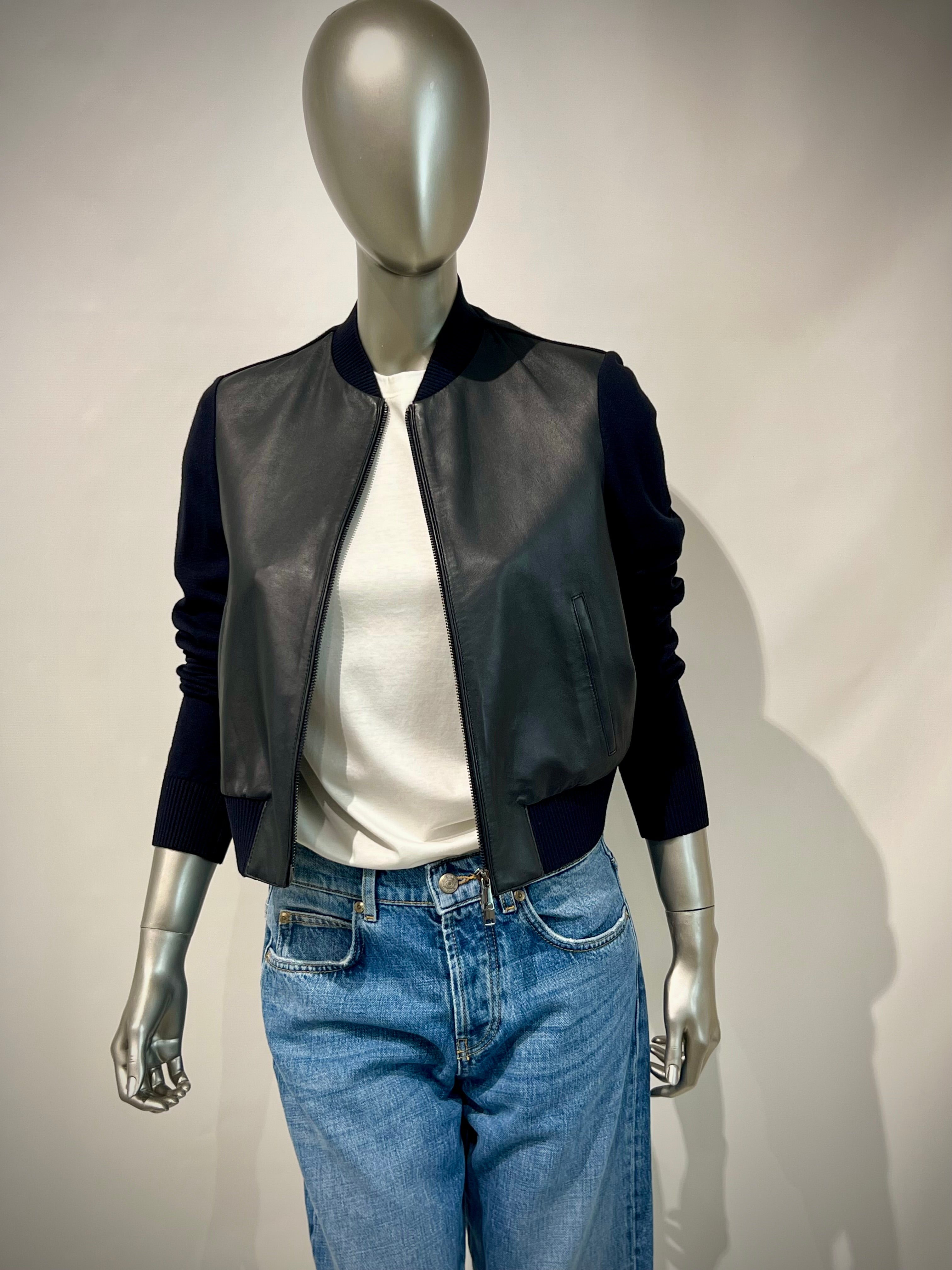 DS5-KEIRA Bomber Full Zip Knit/Leathers DK.Blu Woman