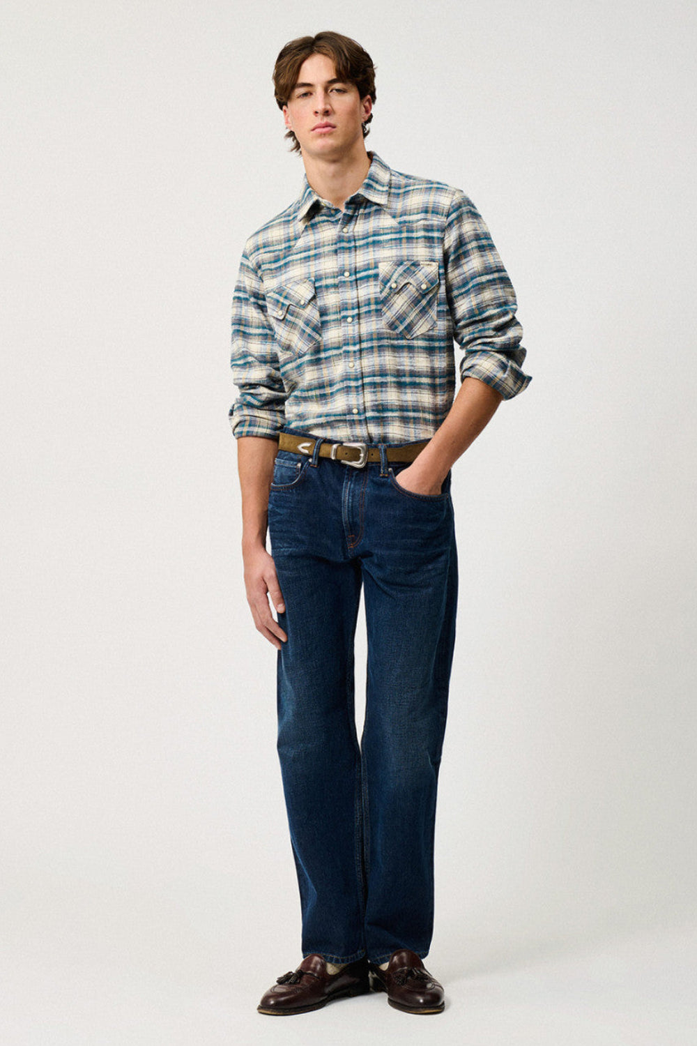 UW6-WESTERN Camicia Check Washed Ecru/Grey Man