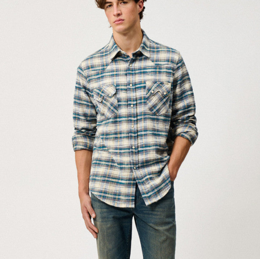 UW6-WESTERN Camicia Check Washed Ecru/Grey Man