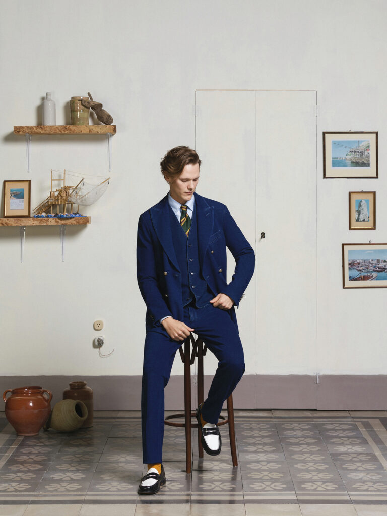 SU3-3895 Giacca Doppiopetto Piquet Washed Indaco Man