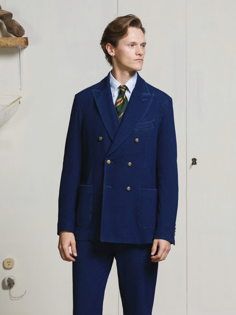 SU3-3895 Giacca Doppiopetto Piquet Washed Indaco Man